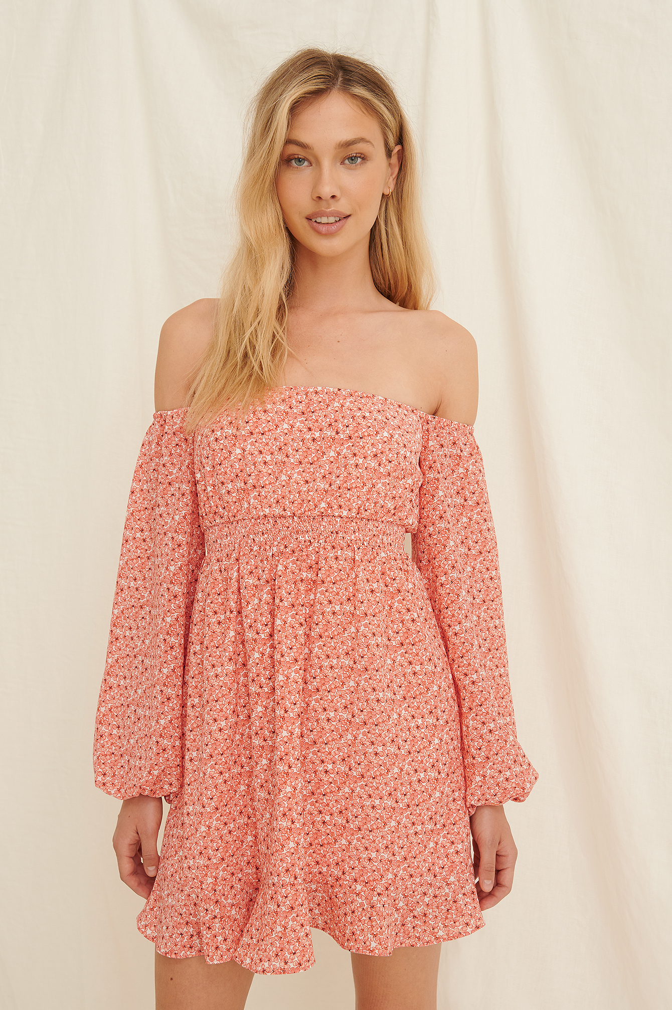 coral off the shoulder dress
