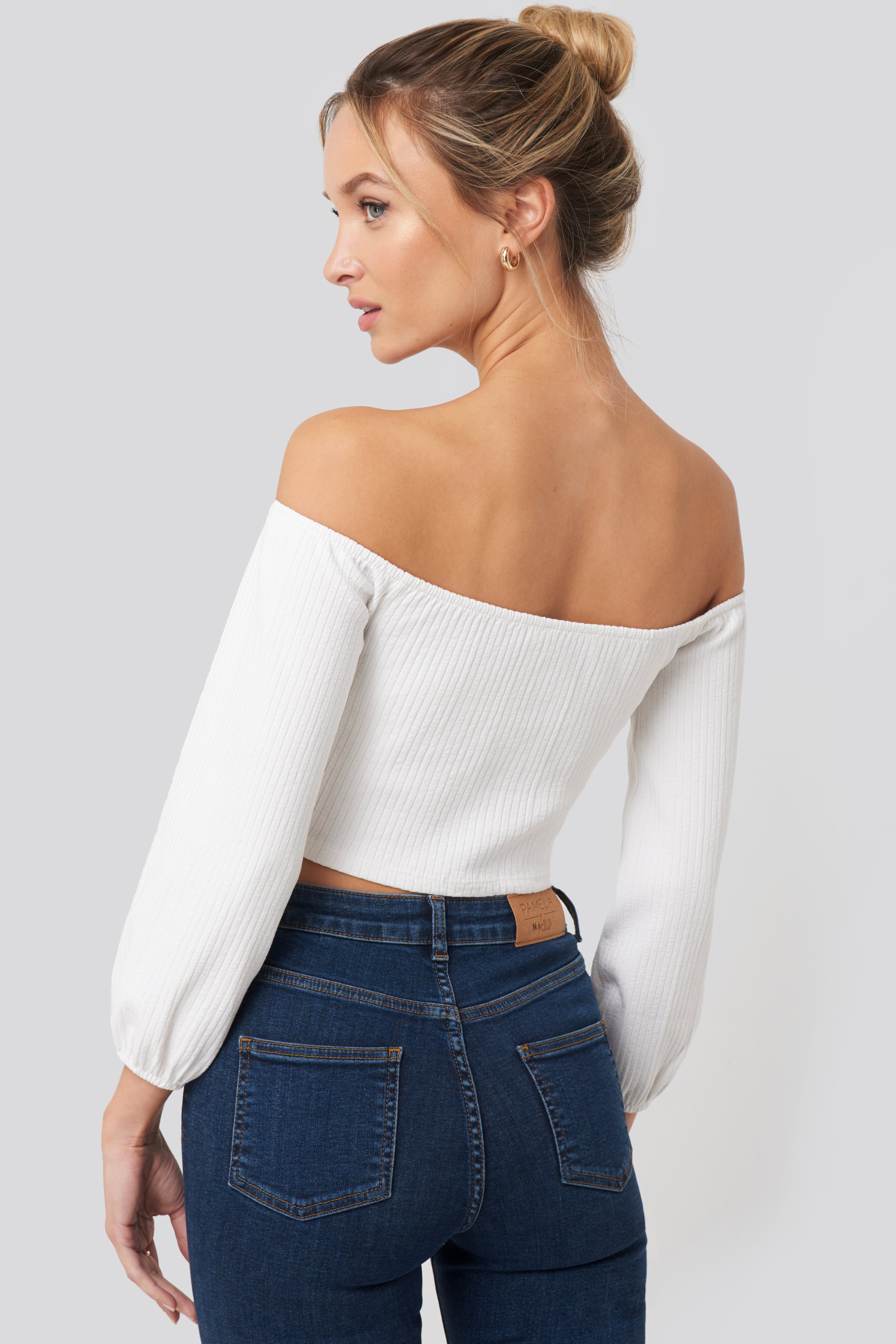 white shoulderless crop top