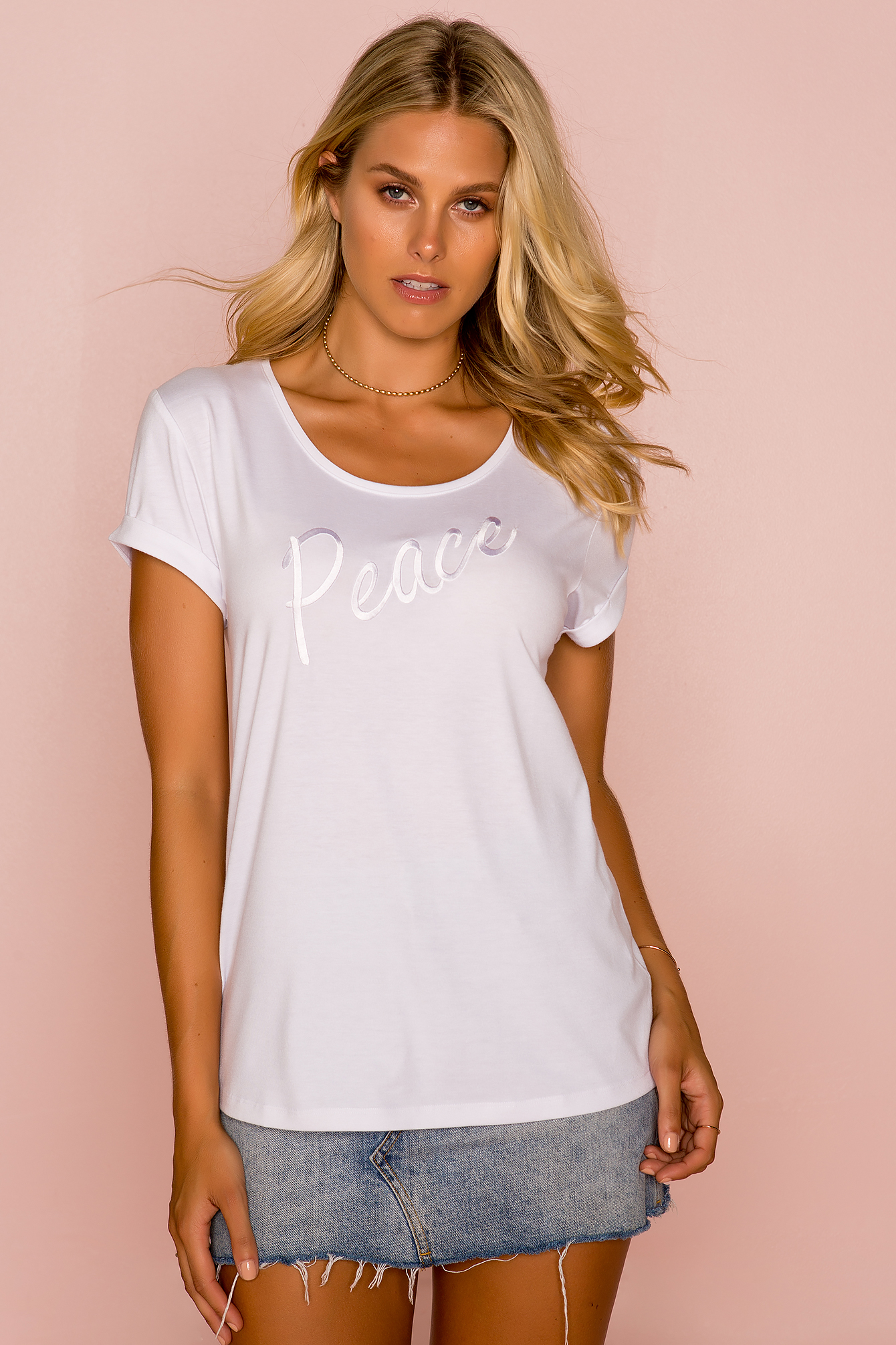 White Rolled Sleeve Peace Tee