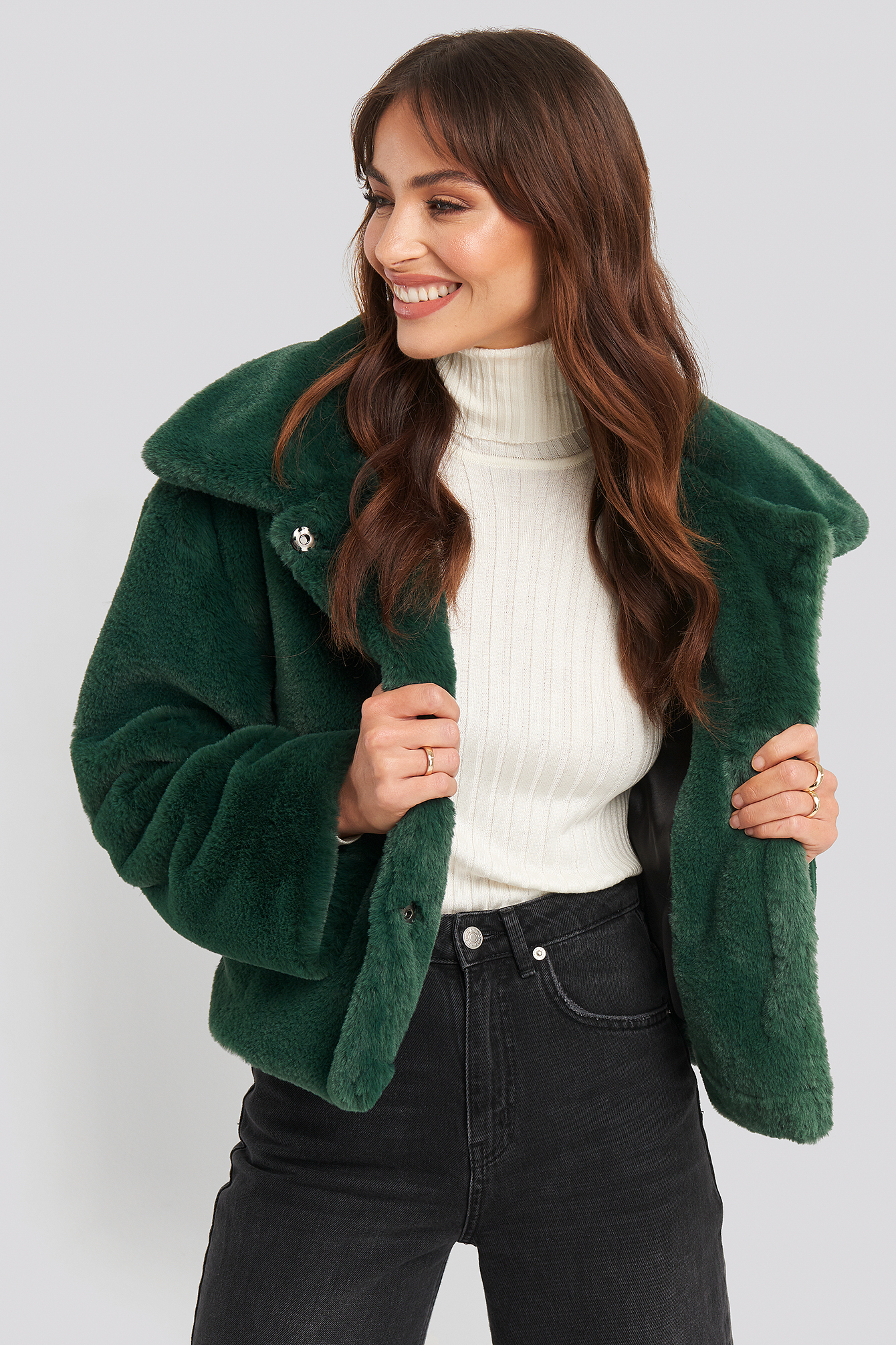 h&m green faux fur jacket