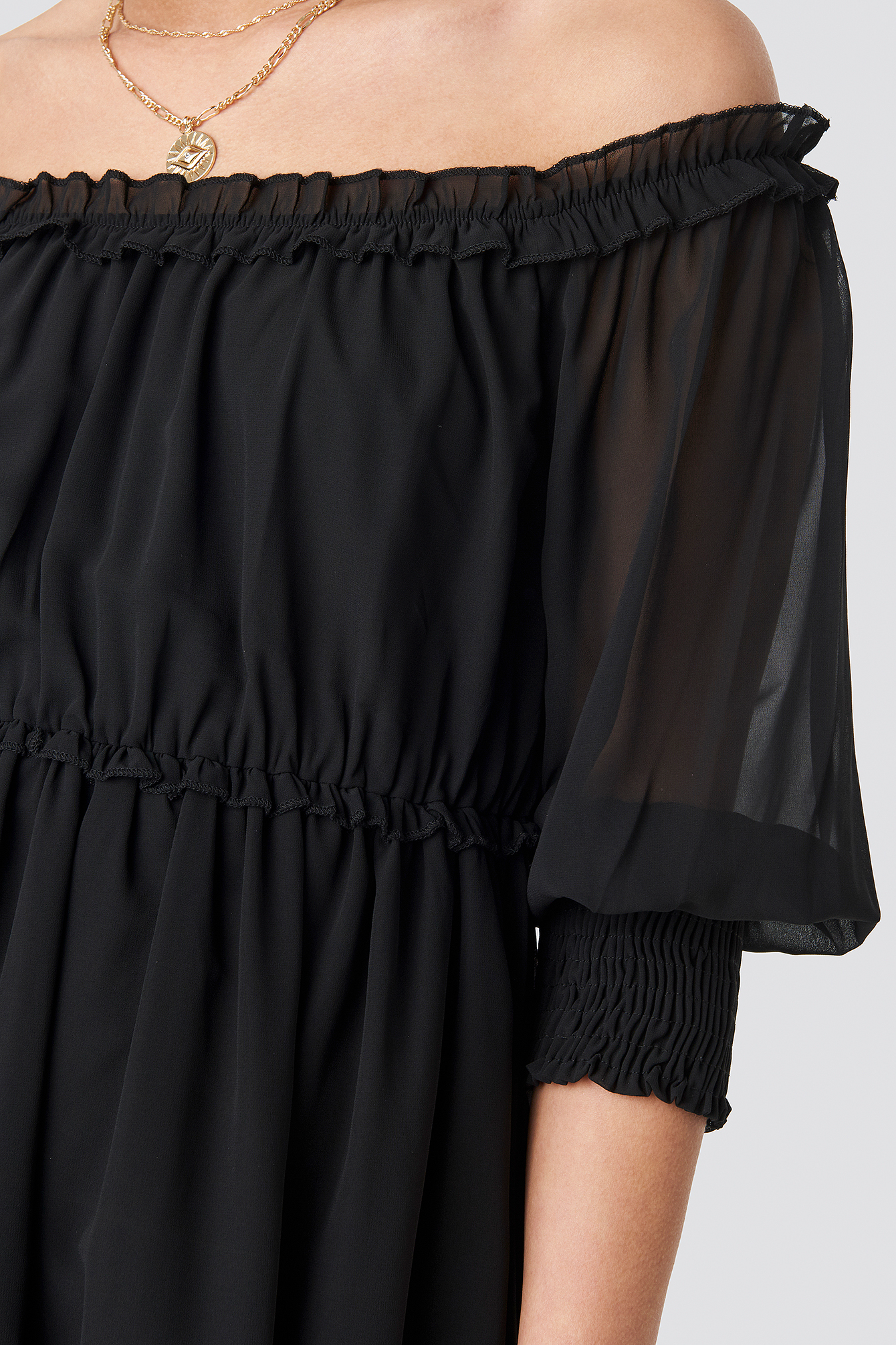 Black Off Shoulder Chiffon Midi Dress