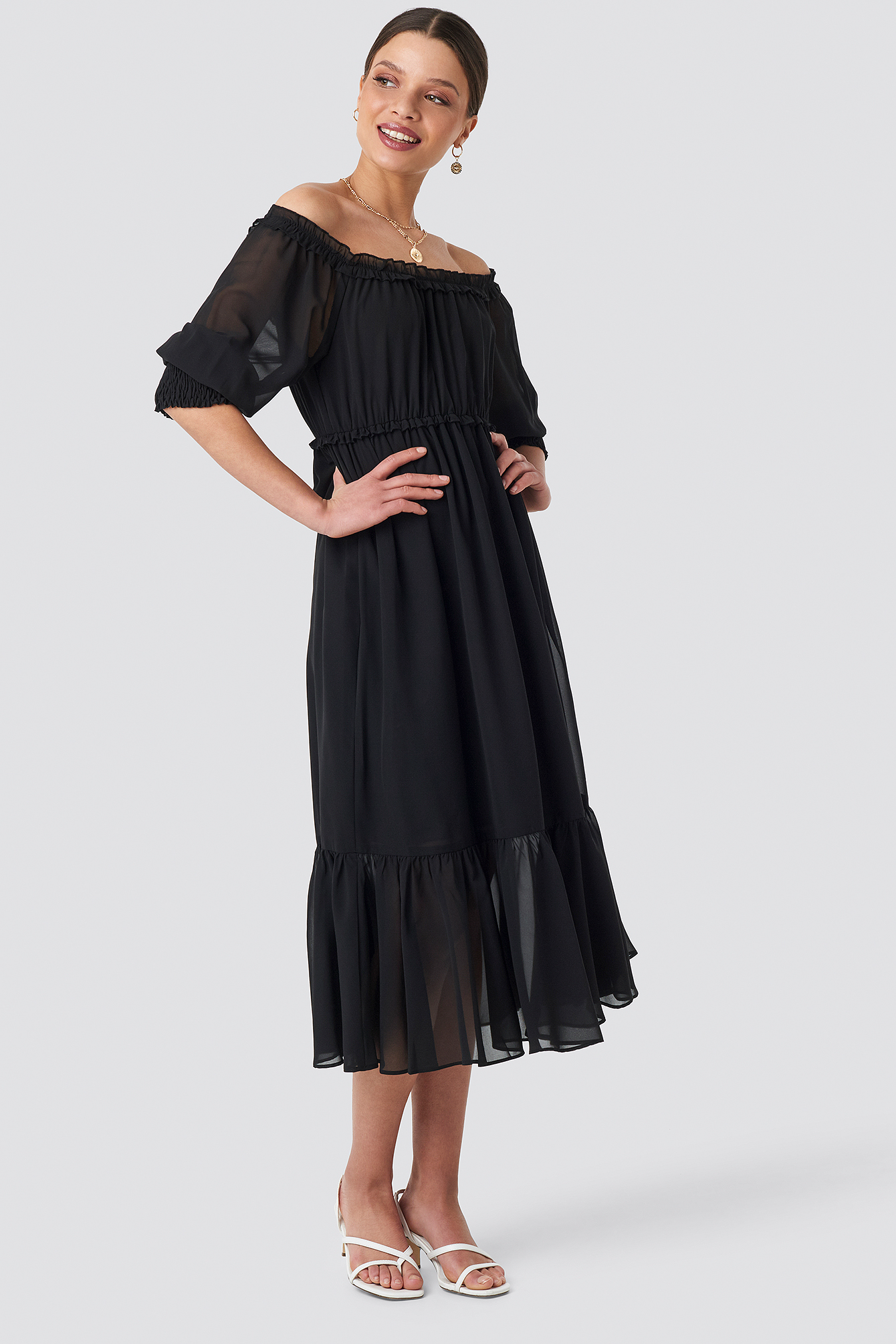 Black Off Shoulder Chiffon Midi Dress