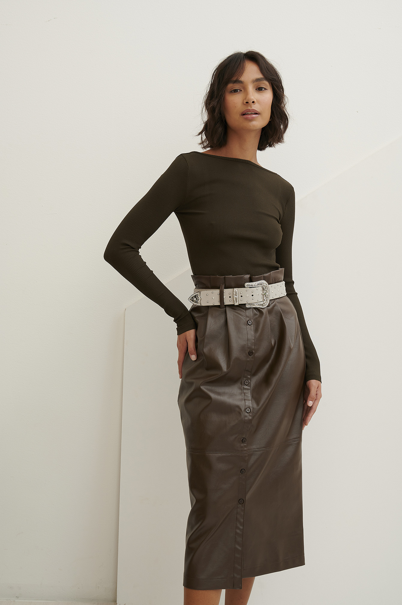 Brown Paperwaist Pu Midi Skirt
