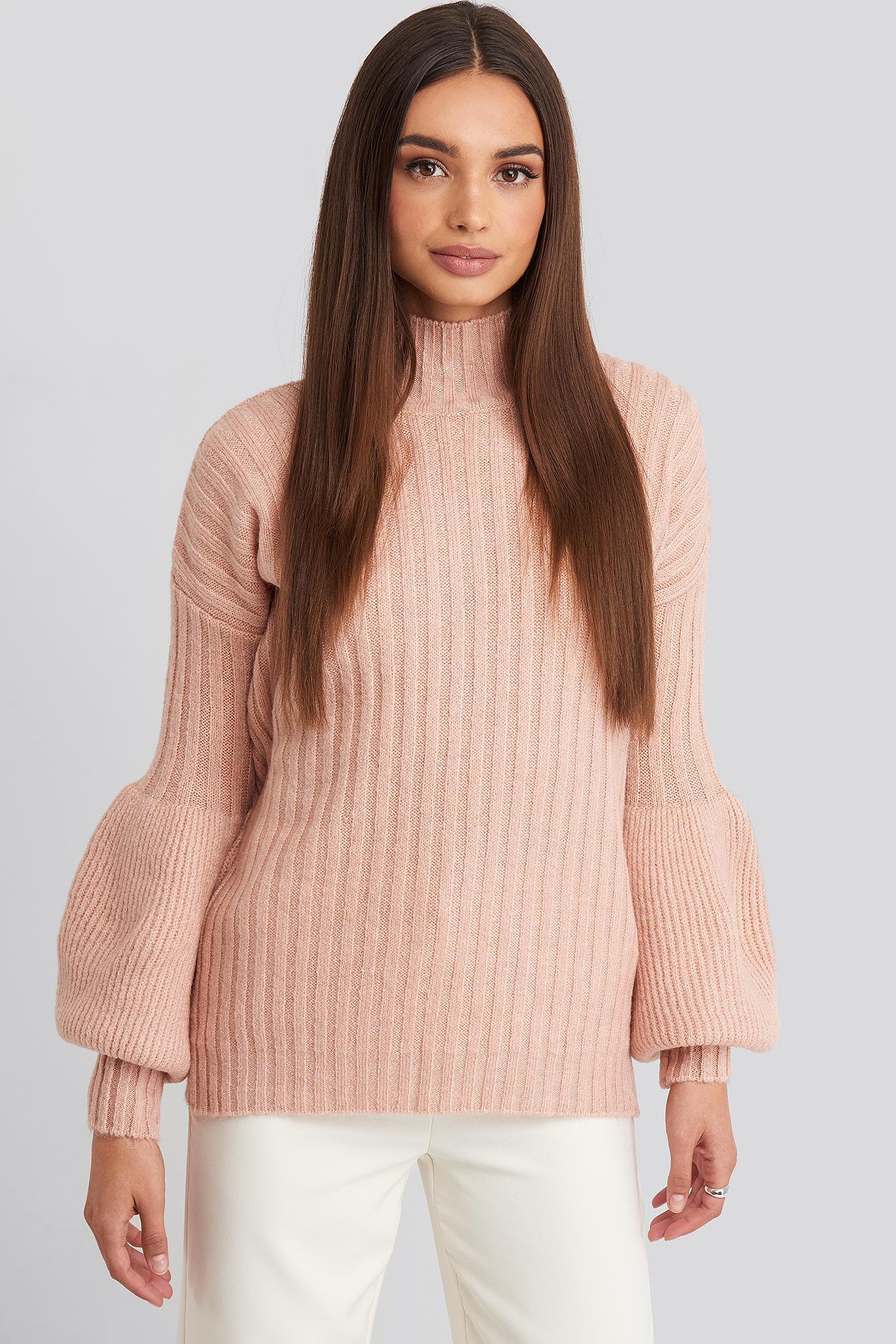 Dusty Rose High Neck Puff Sleeve Knitted Sweater