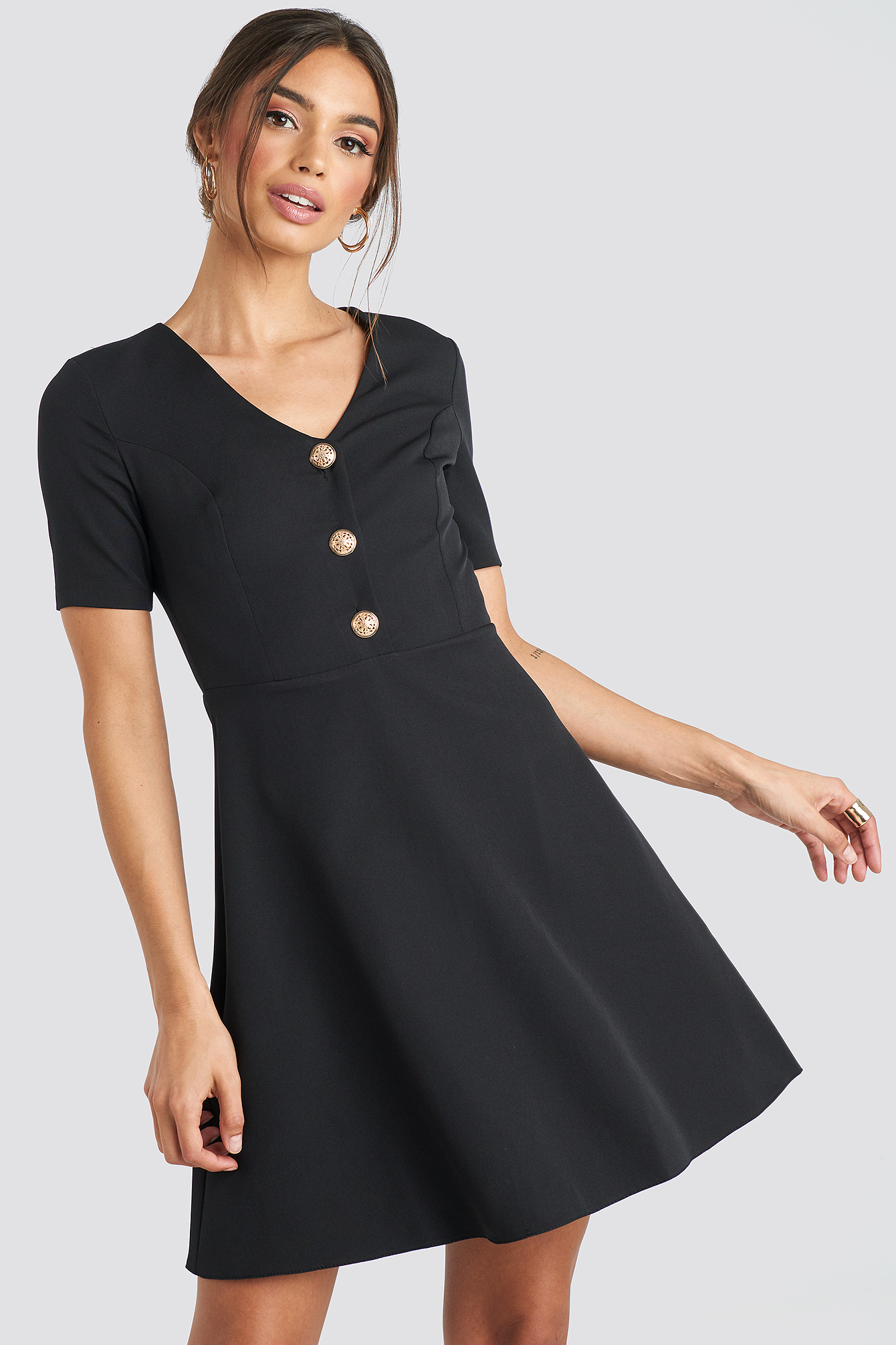 black button mini dress