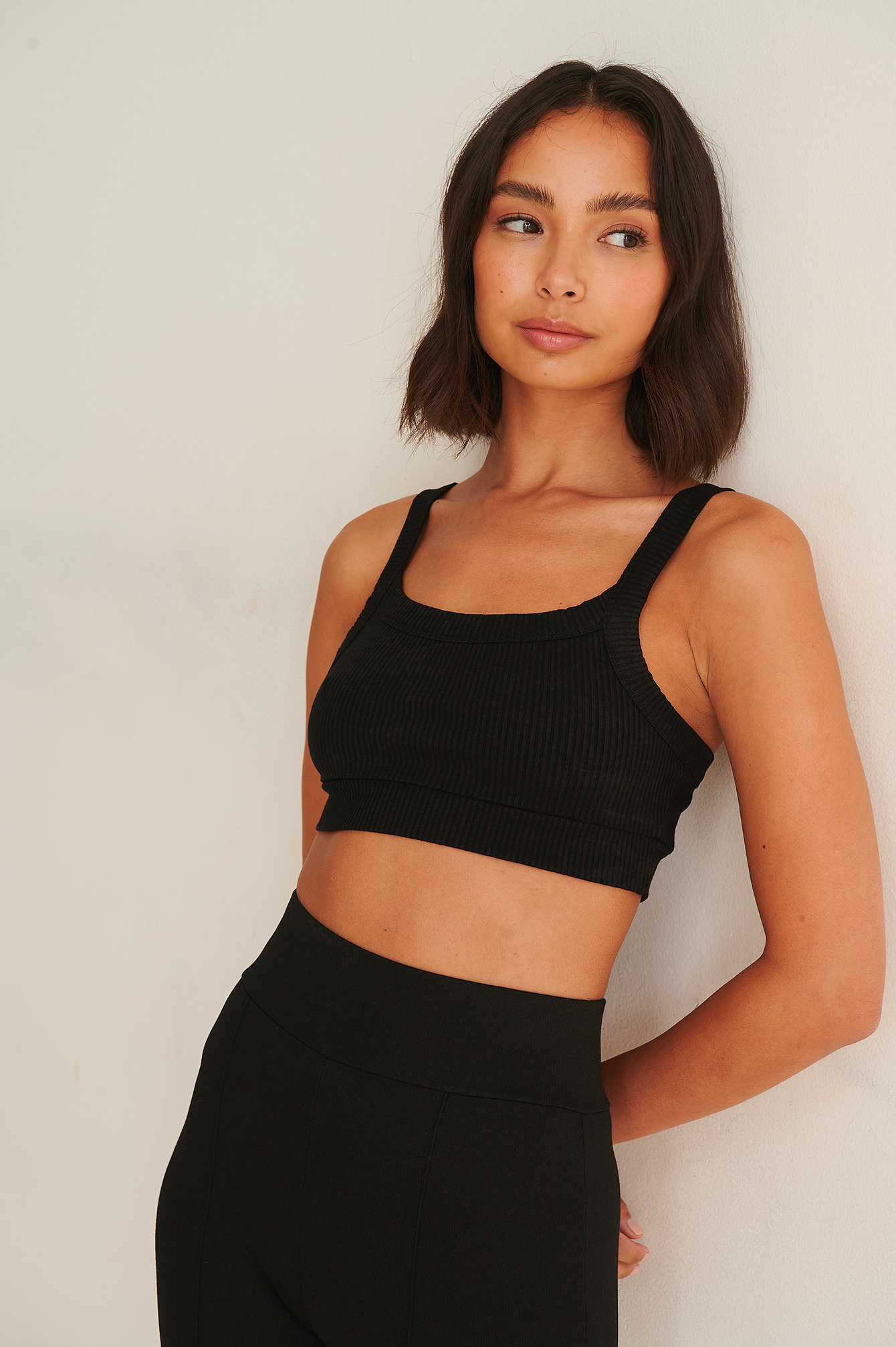 Black Ribbed Jersey Cropped Top