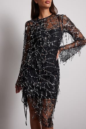 Black Lace Sequin Midi Dress